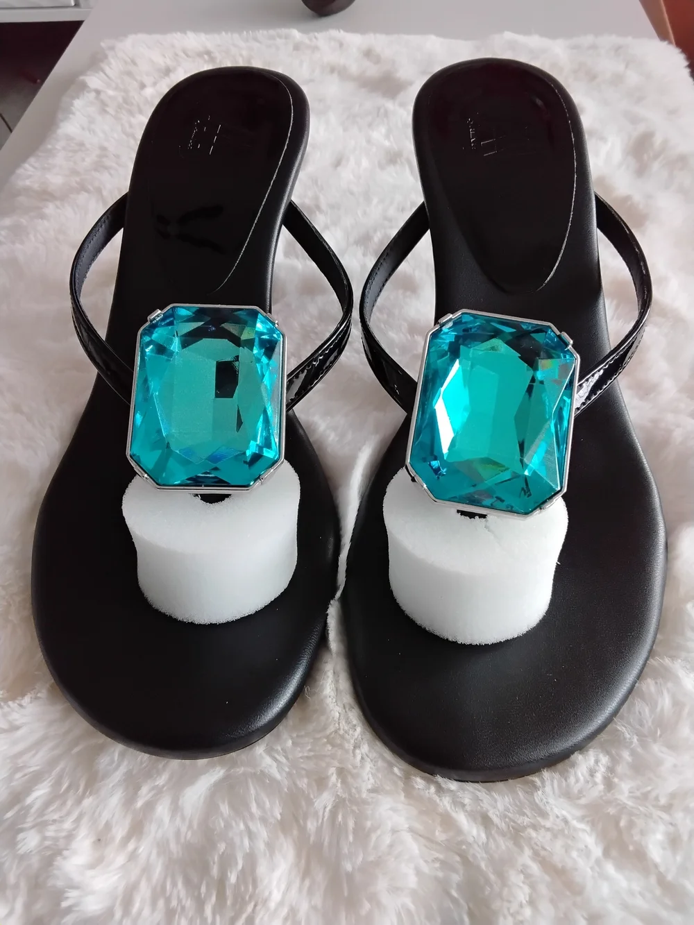 Black Thong Sandal with Large Aqua Gem Accent